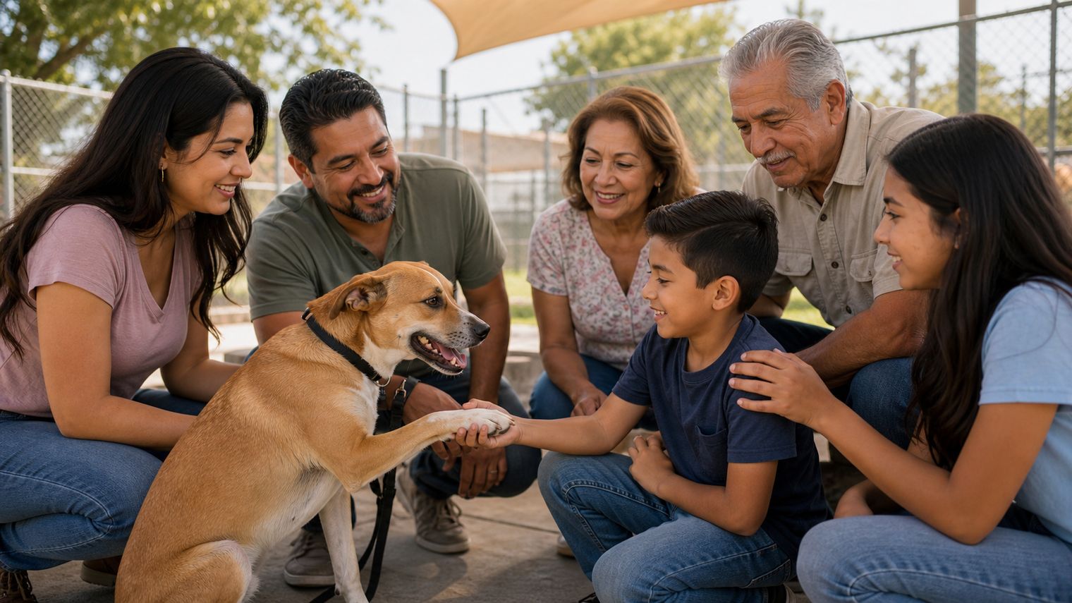 A joyful family greeting a friendly dog at an adoption meet