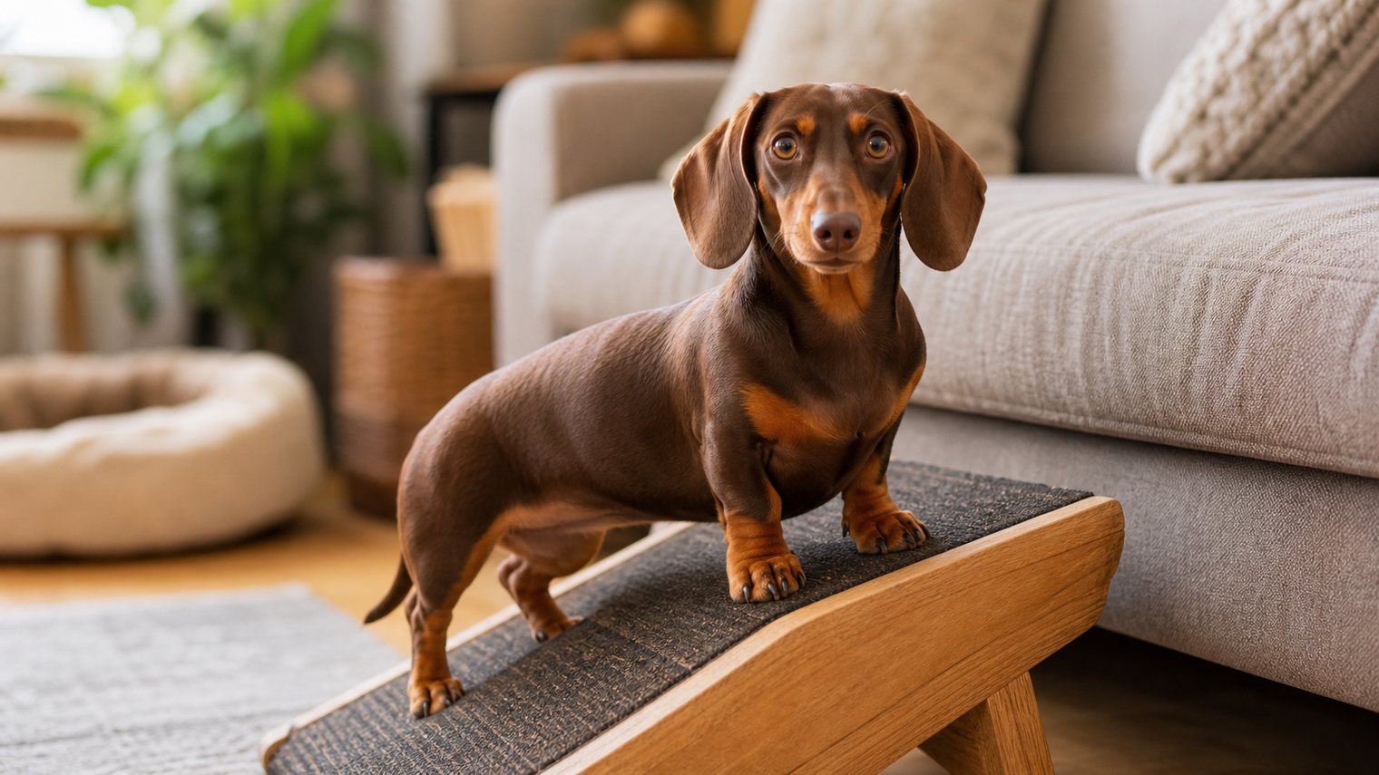A brown Dachshund standing on a ramp beside a sofa at home