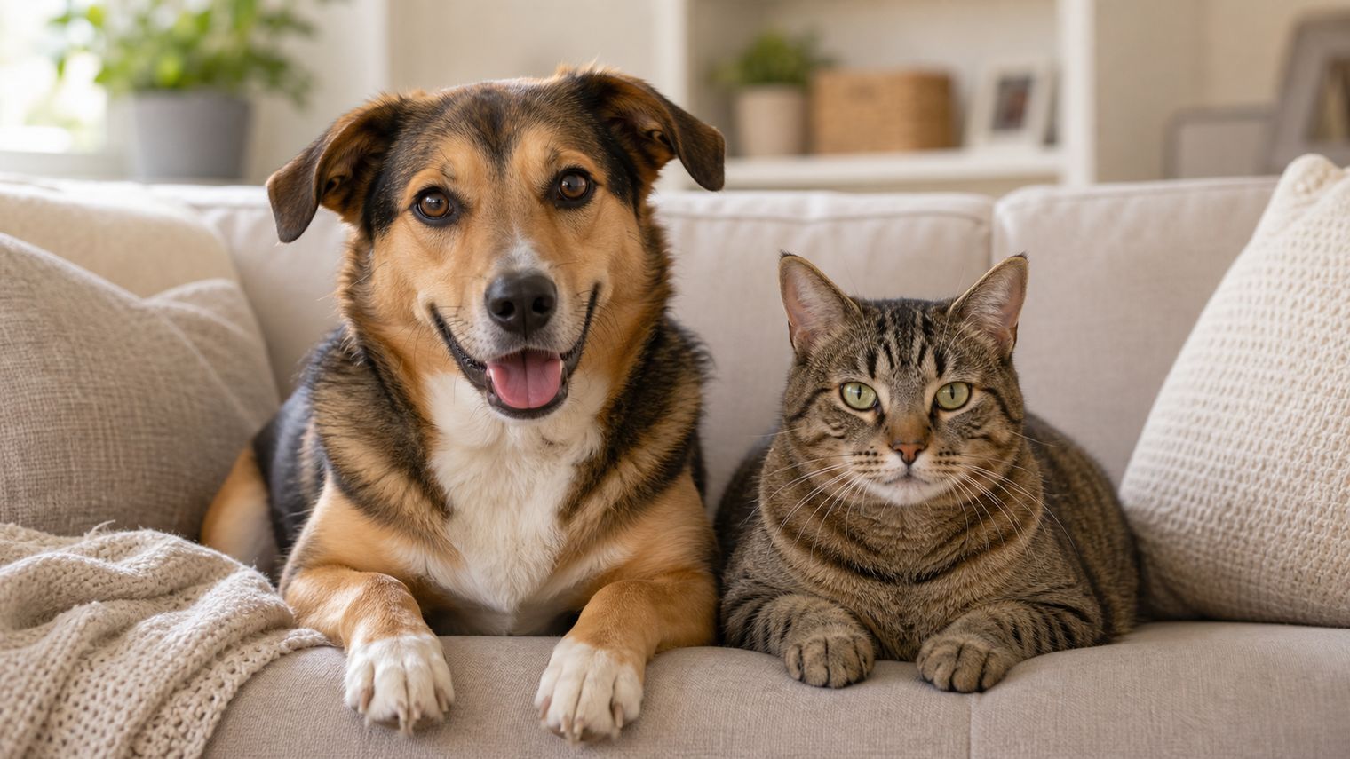 A friendly dog and a relaxed tabby cat sitting side by side on a couch
