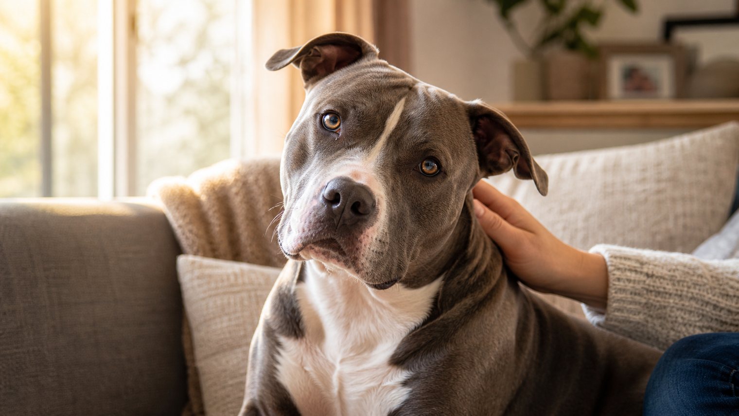 A gray-and-white pit bull being gently petted on a couch at home