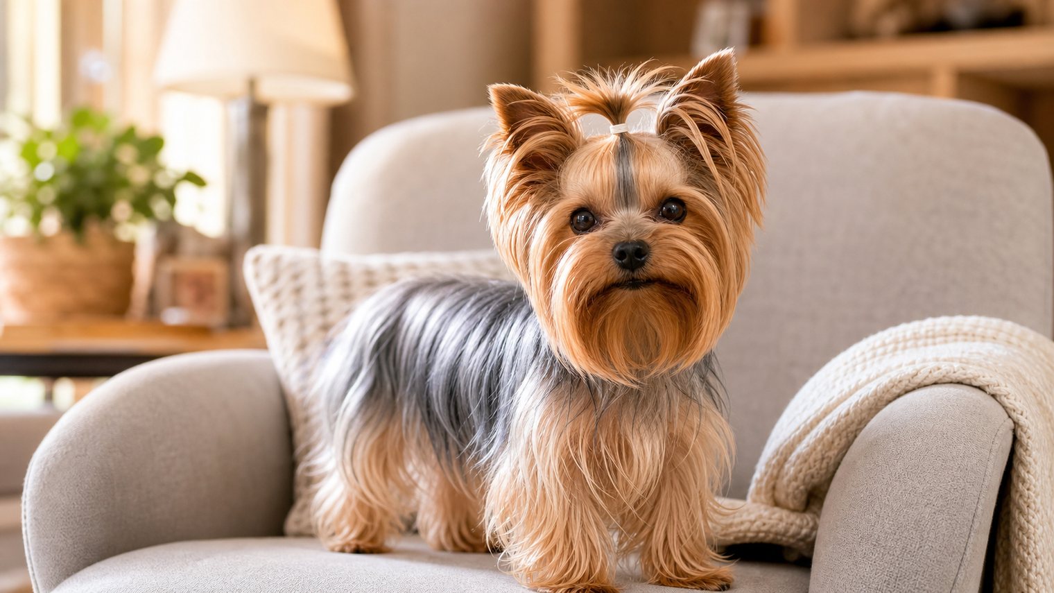 A Yorkshire Terrier standing alert on a cozy armchair
