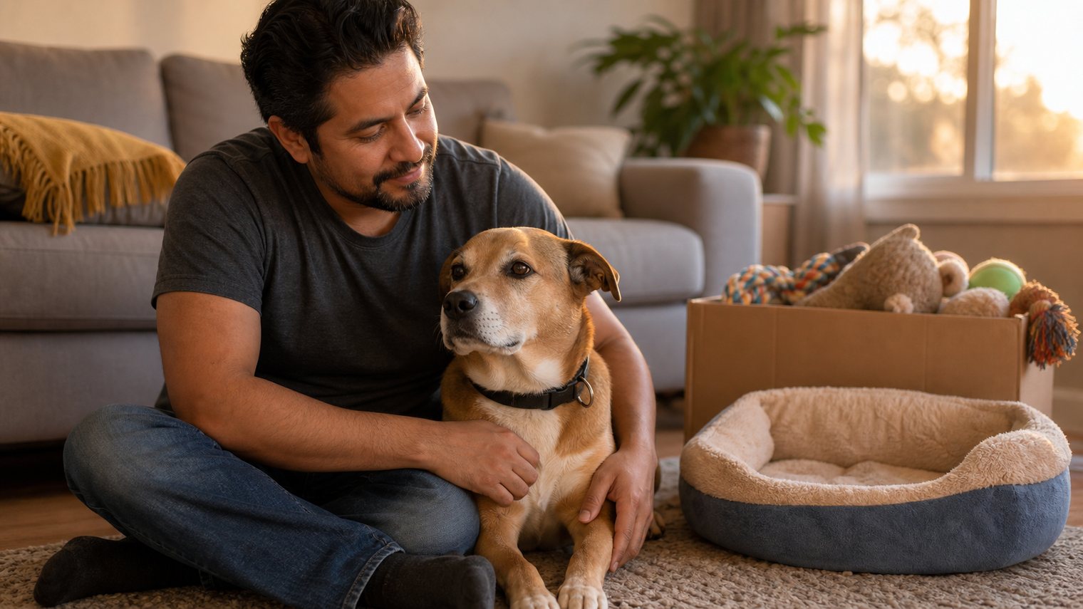 A man kneeling to hug his calm dog beside a packed pet bed and toy box