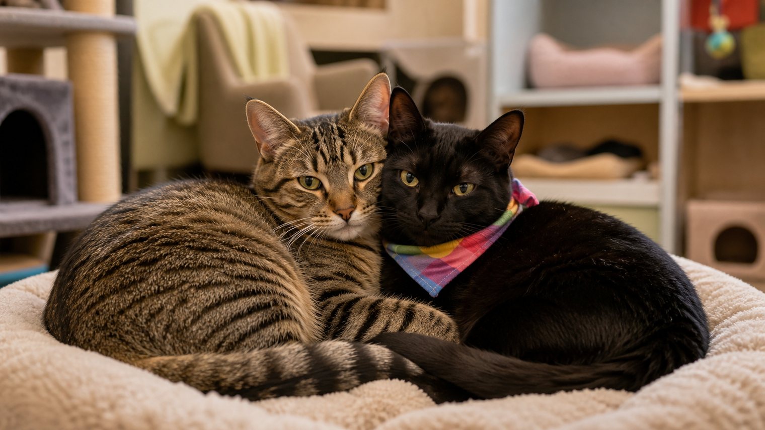 Two bonded adult cats curled up together in a cozy shelter room