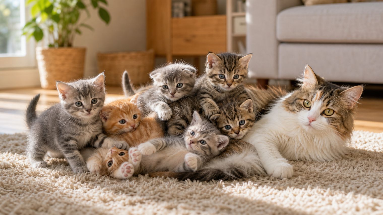 A litter of young kittens cuddled together on a soft blanket