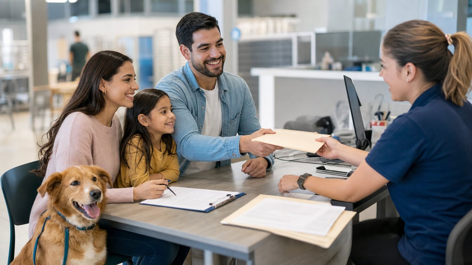 A family completing adoption paperwork at a shelter desk with their new dog