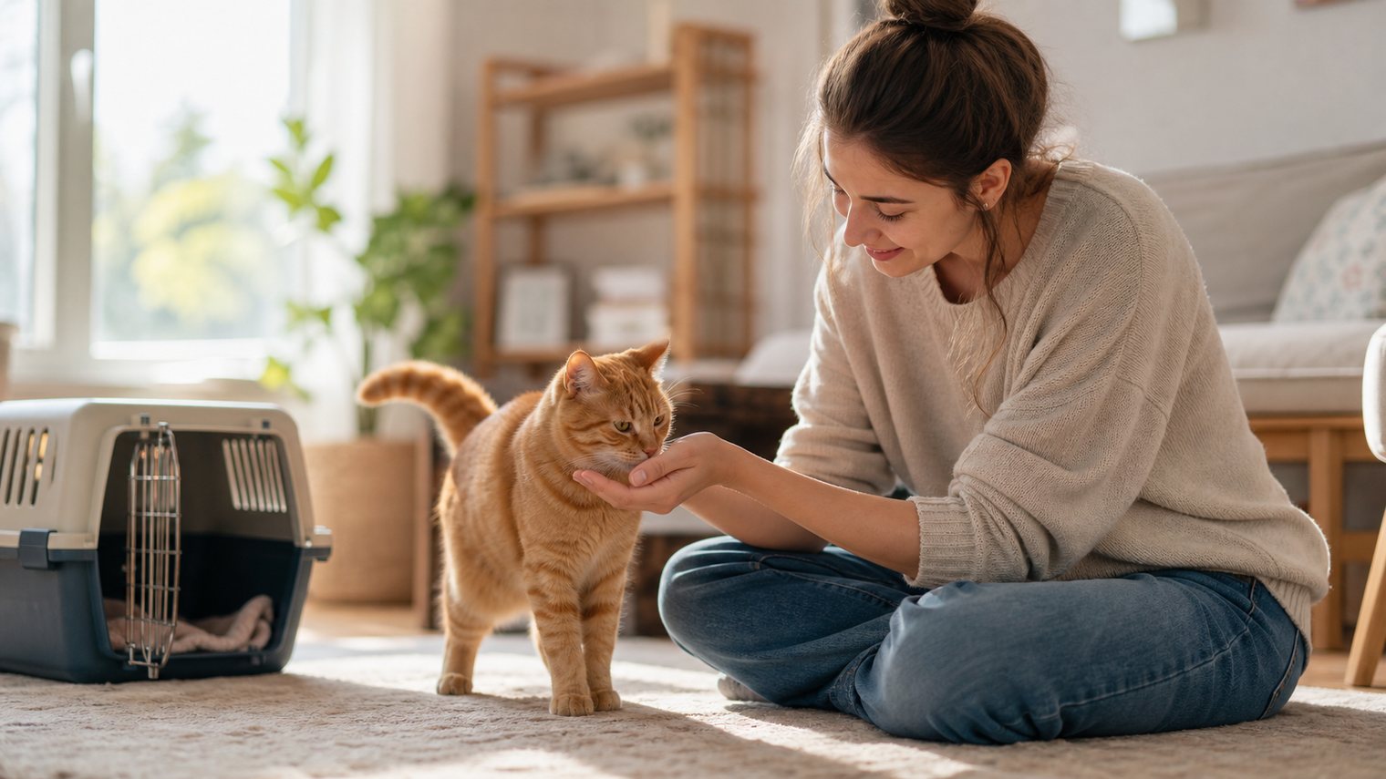 A woman meeting a newly adopted orange tabby cat in a bright living room