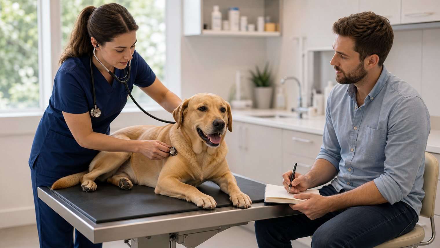 A veterinarian gently examining a healthy pregnant dog while the owner takes notes