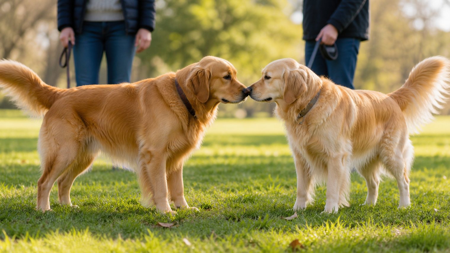 Two golden retrievers meeting nose to nose in a sunny park