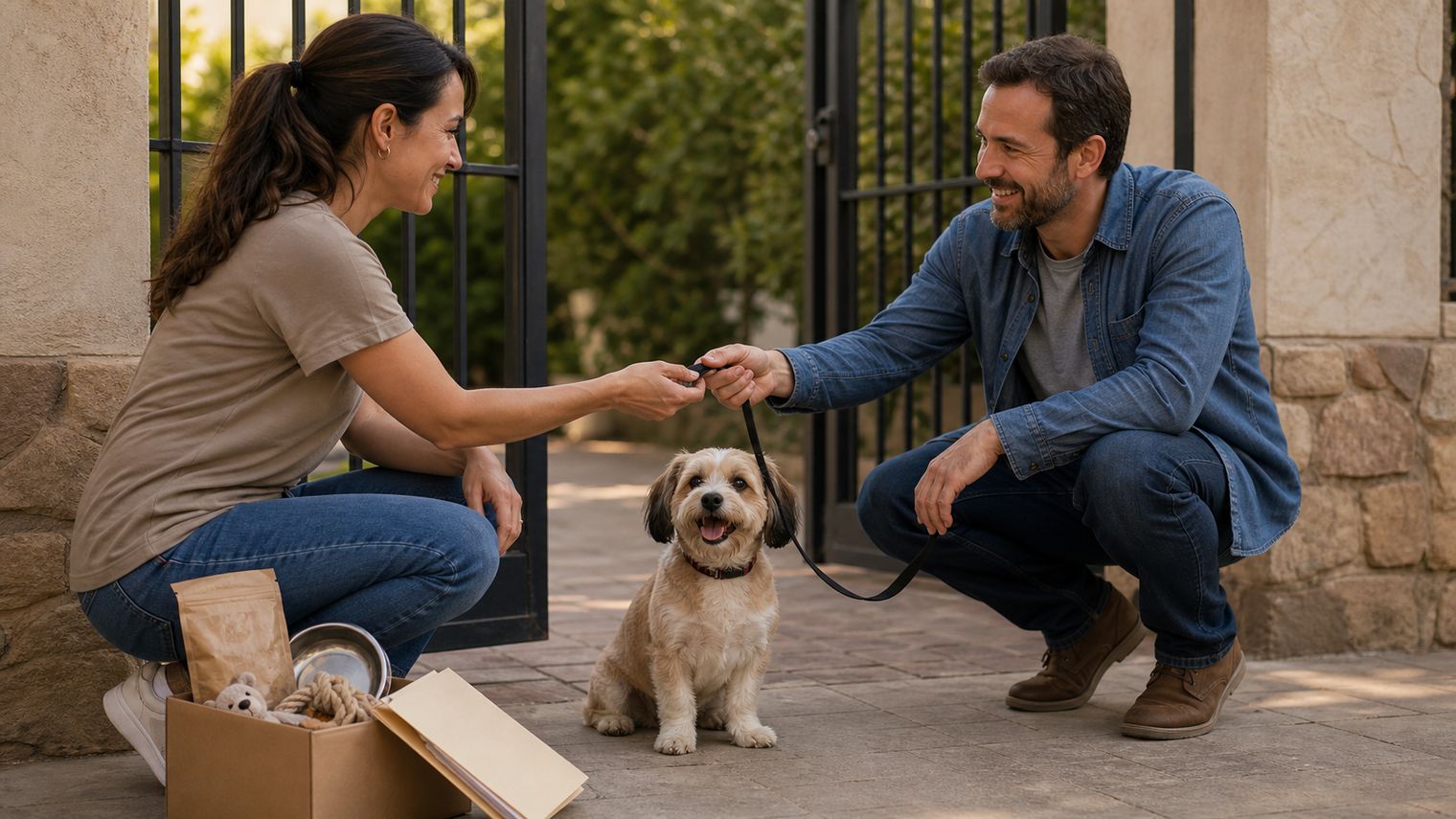 A person passing a small dog's leash to a smiling adopter at a front gate