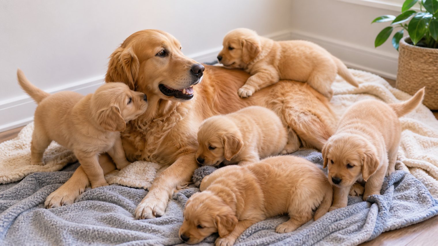 A mother dog resting while her litter of puppies plays on clean blankets