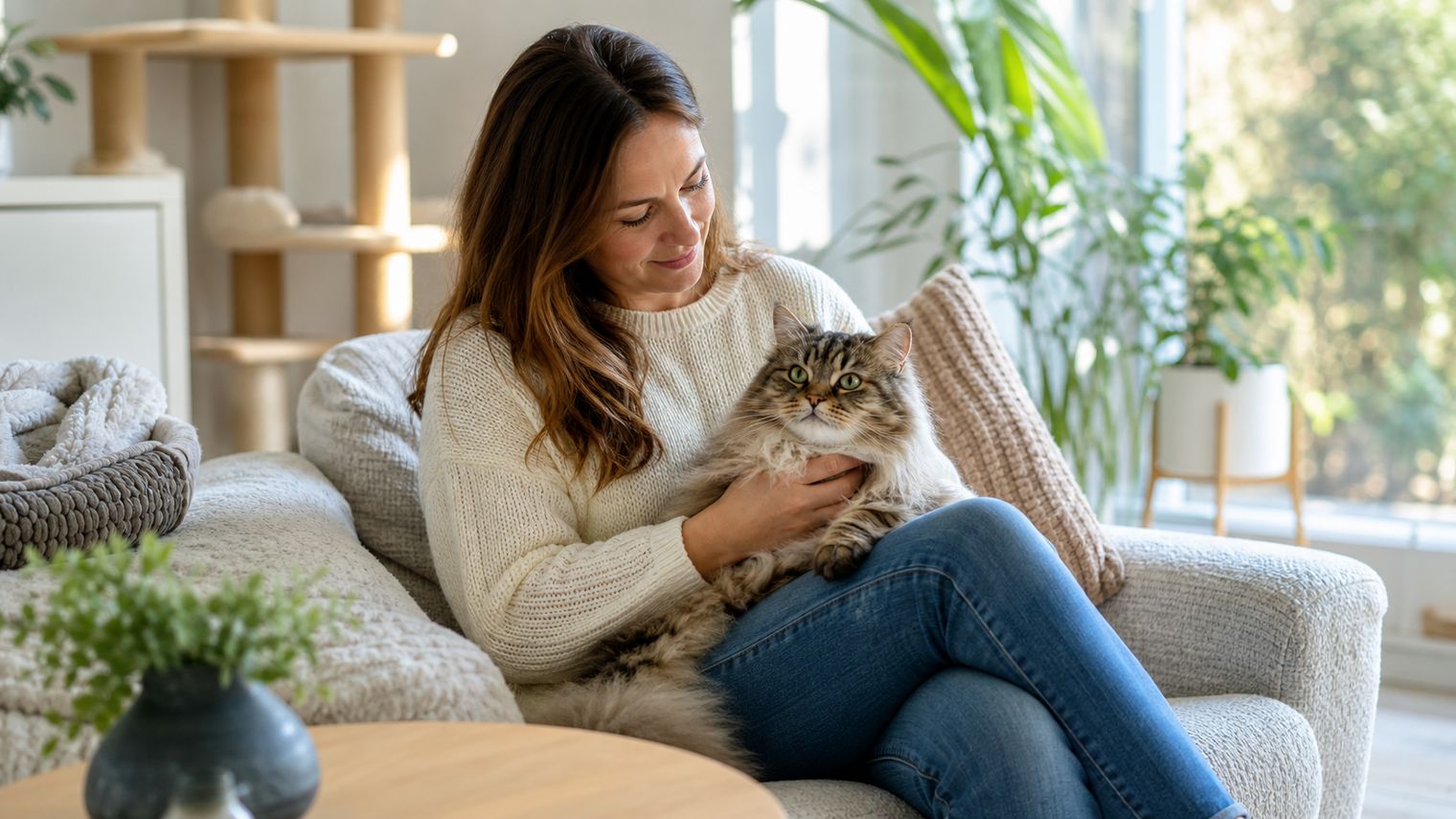 A woman gently holding a long-haired cat at arm's length, meeting it for the first time