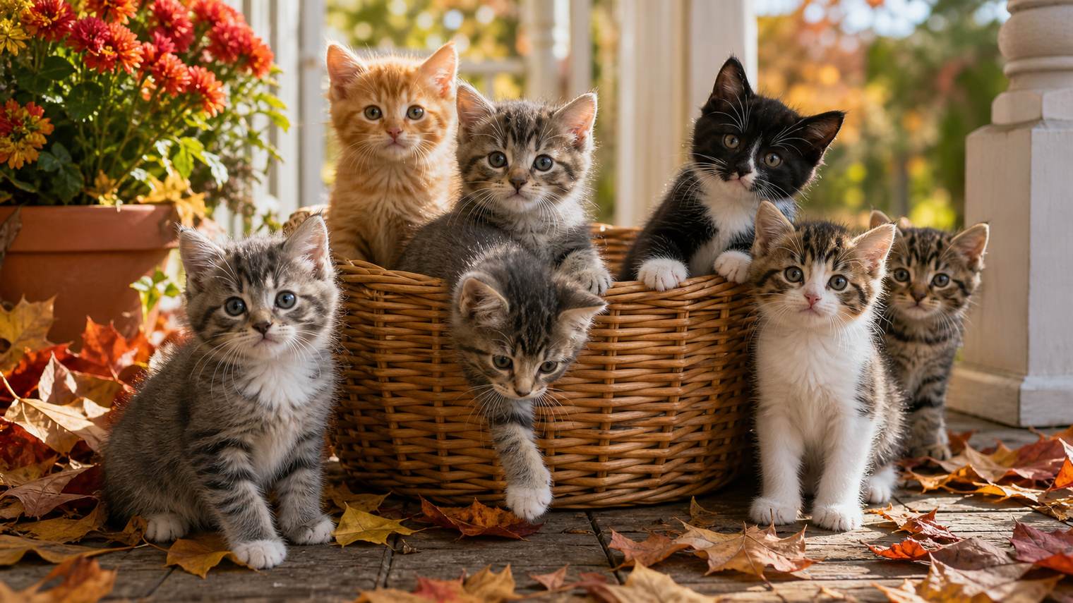A basket of playful kittens on a porch surrounded by autumn leaves