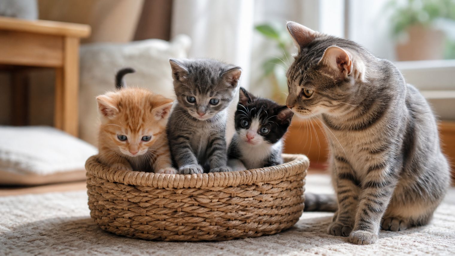 Three young kittens exploring a basket at home beside their mother cat