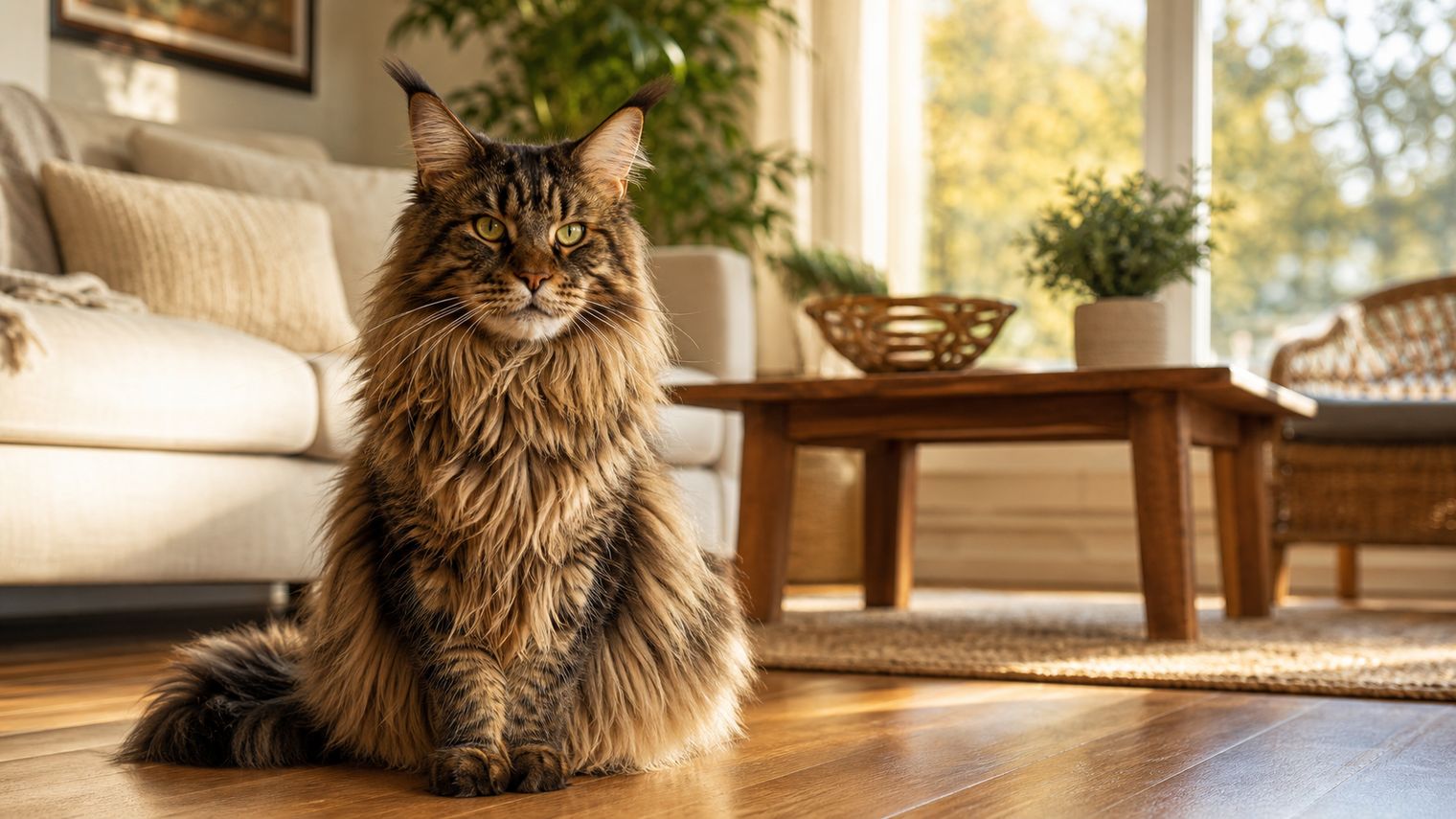 A Maine Coon cat with a long brown tabby coat sitting in a sunlit living room