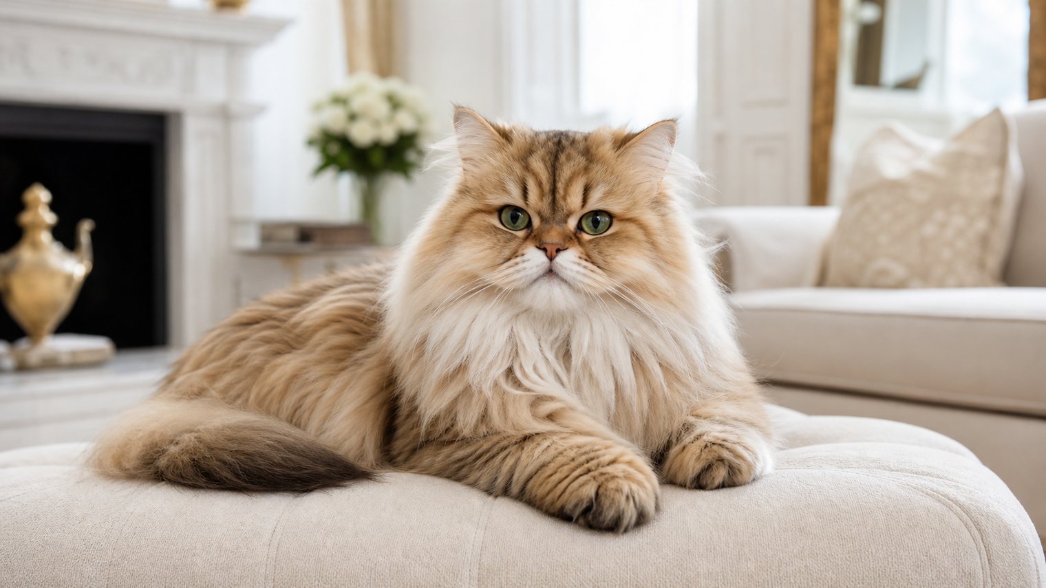 A long-haired Persian cat lounging on a cream cushion