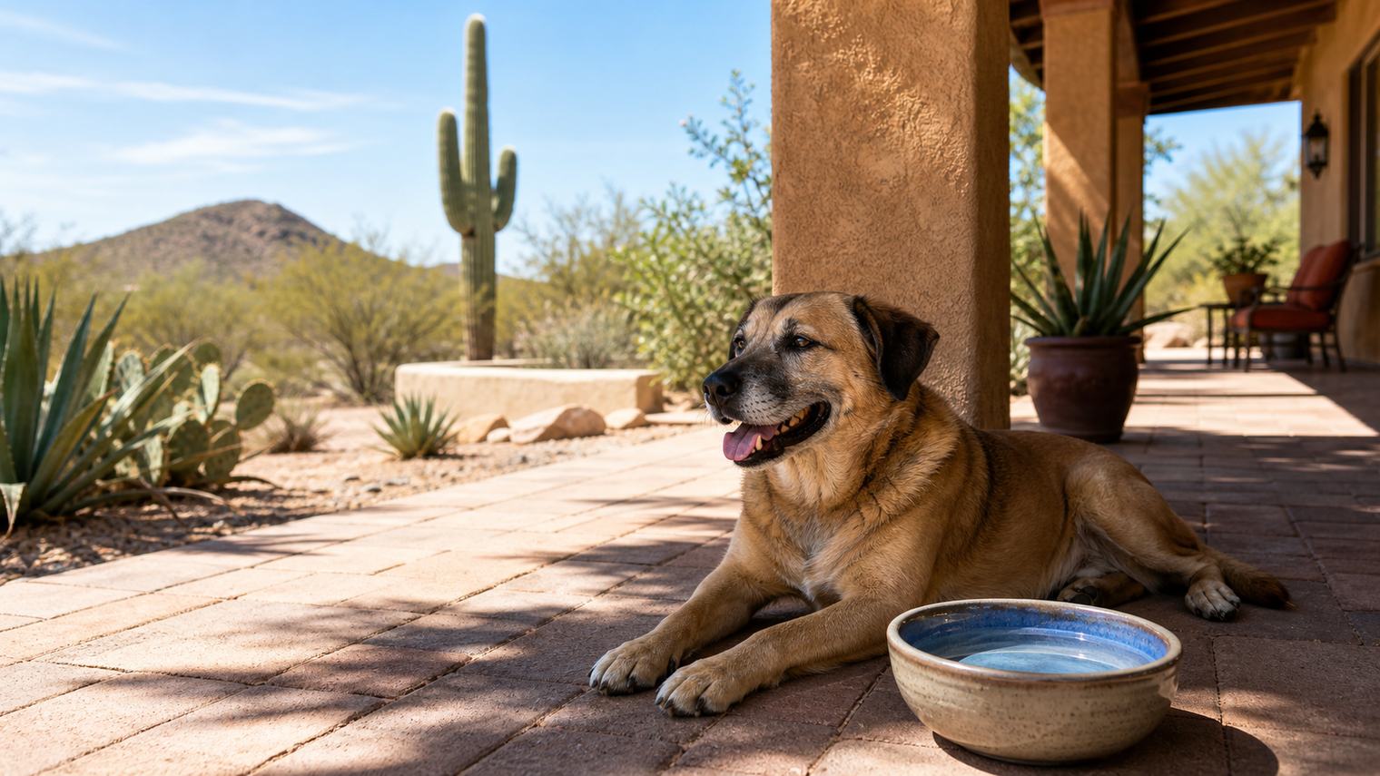 A dog resting in porch shade beside a water bowl in a desert backyard
