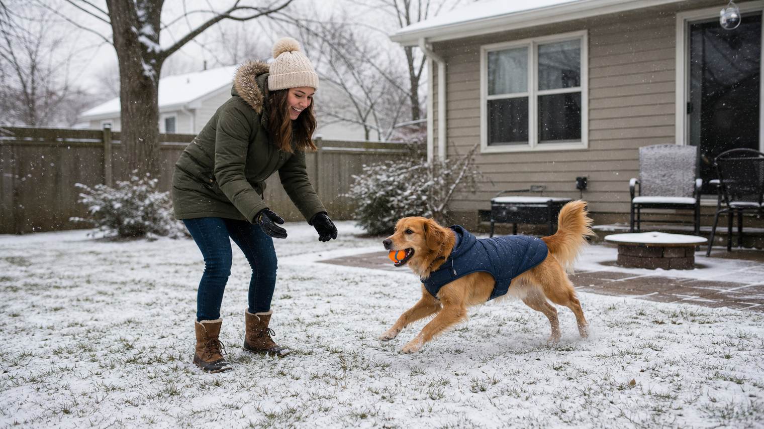 A dog in a winter coat playing in light snow with its owner