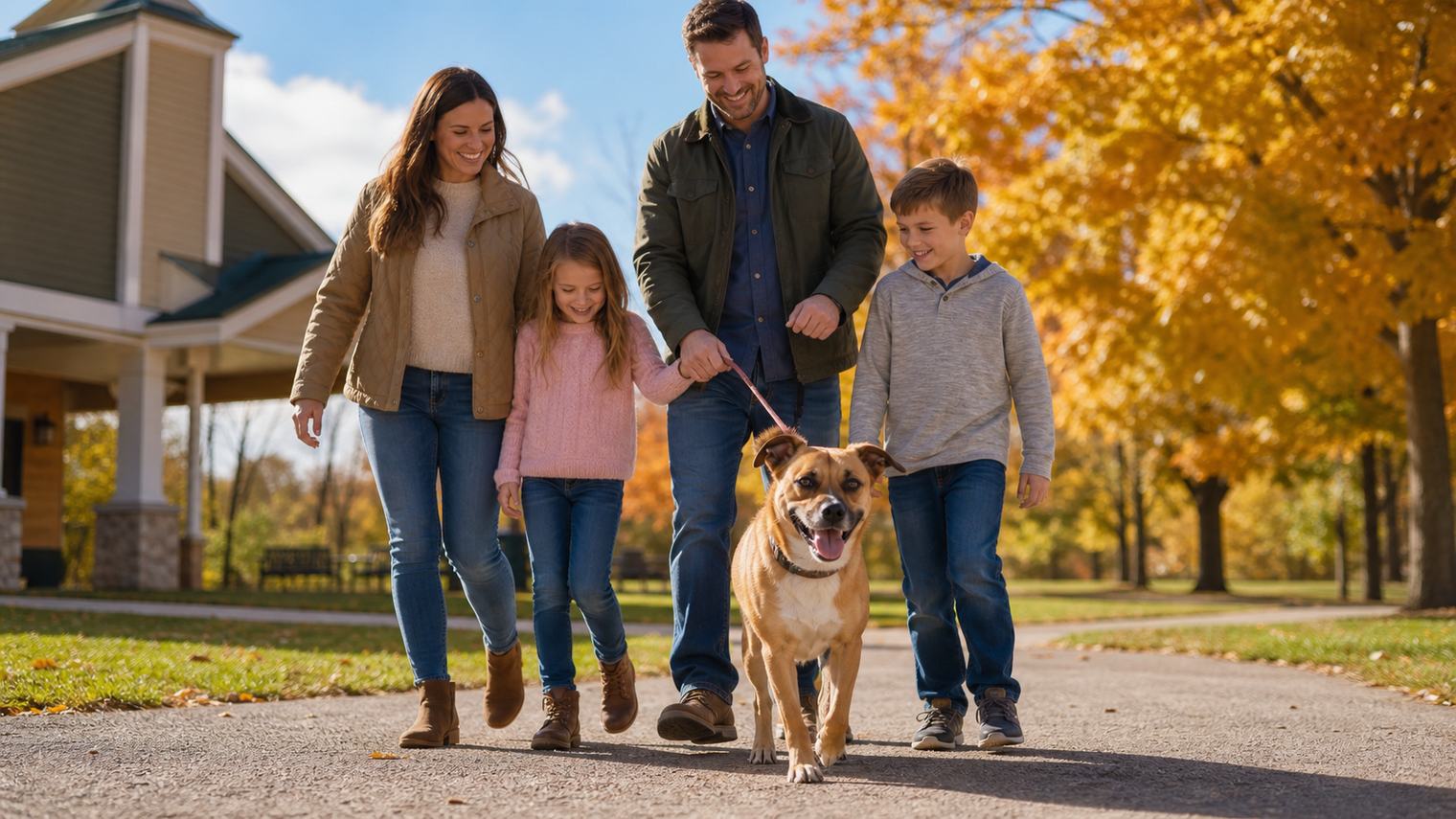 A family walking a newly adopted dog out of a county animal shelter on a sunny day