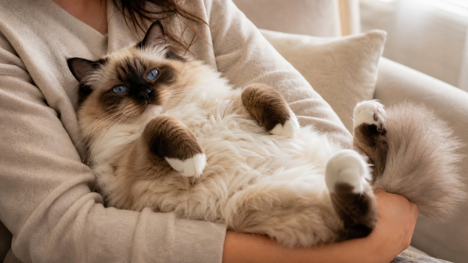 A blue-eyed Ragdoll cat lying relaxed on its back in a person's arms