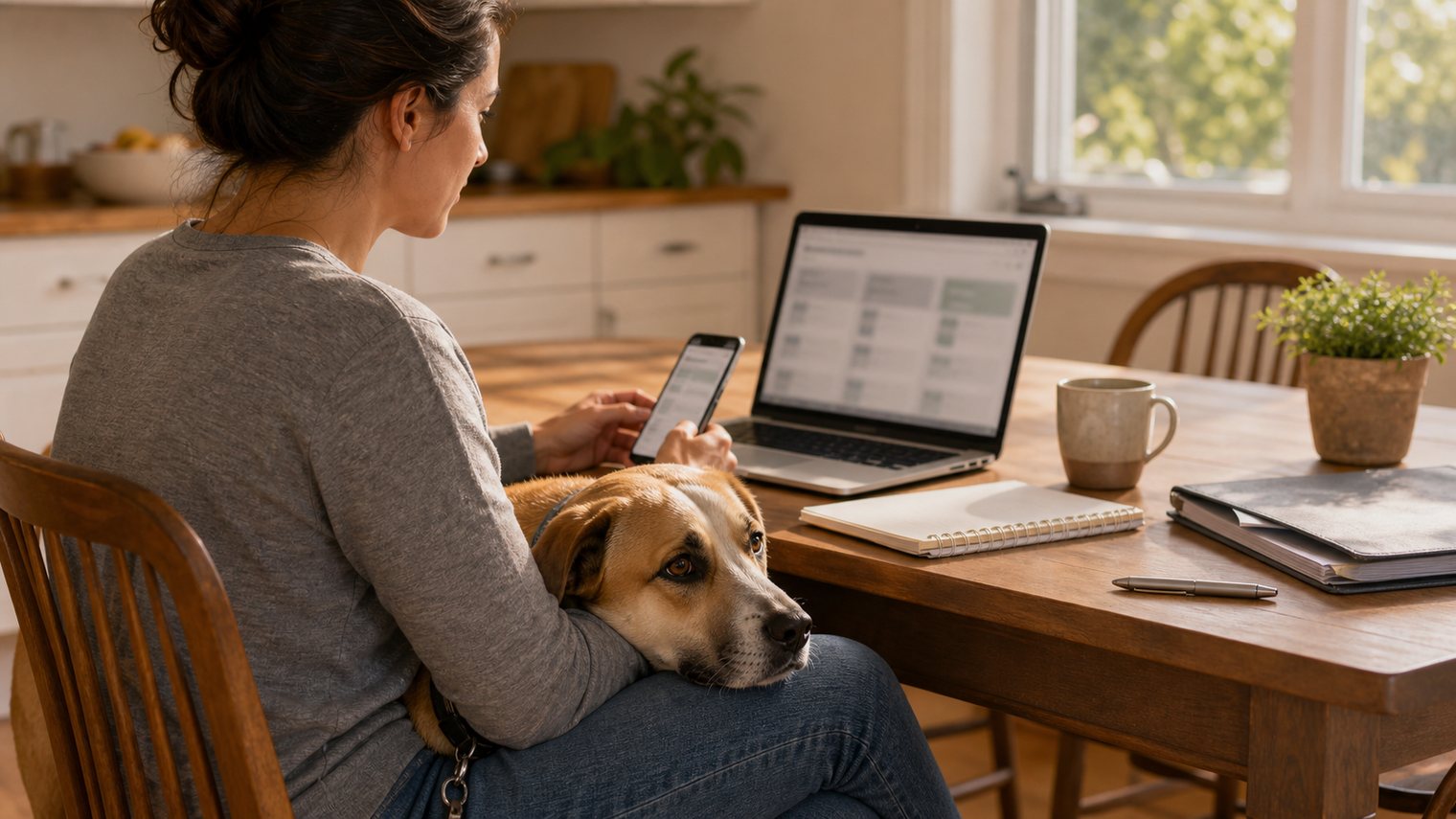 A person comparing options on a laptop and phone with their dog resting nearby