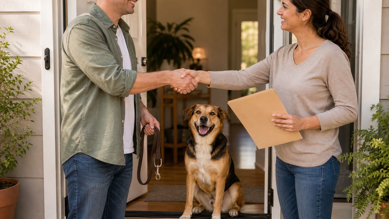 A person handing a happy dog's leash and adoption folder to a smiling new adopter