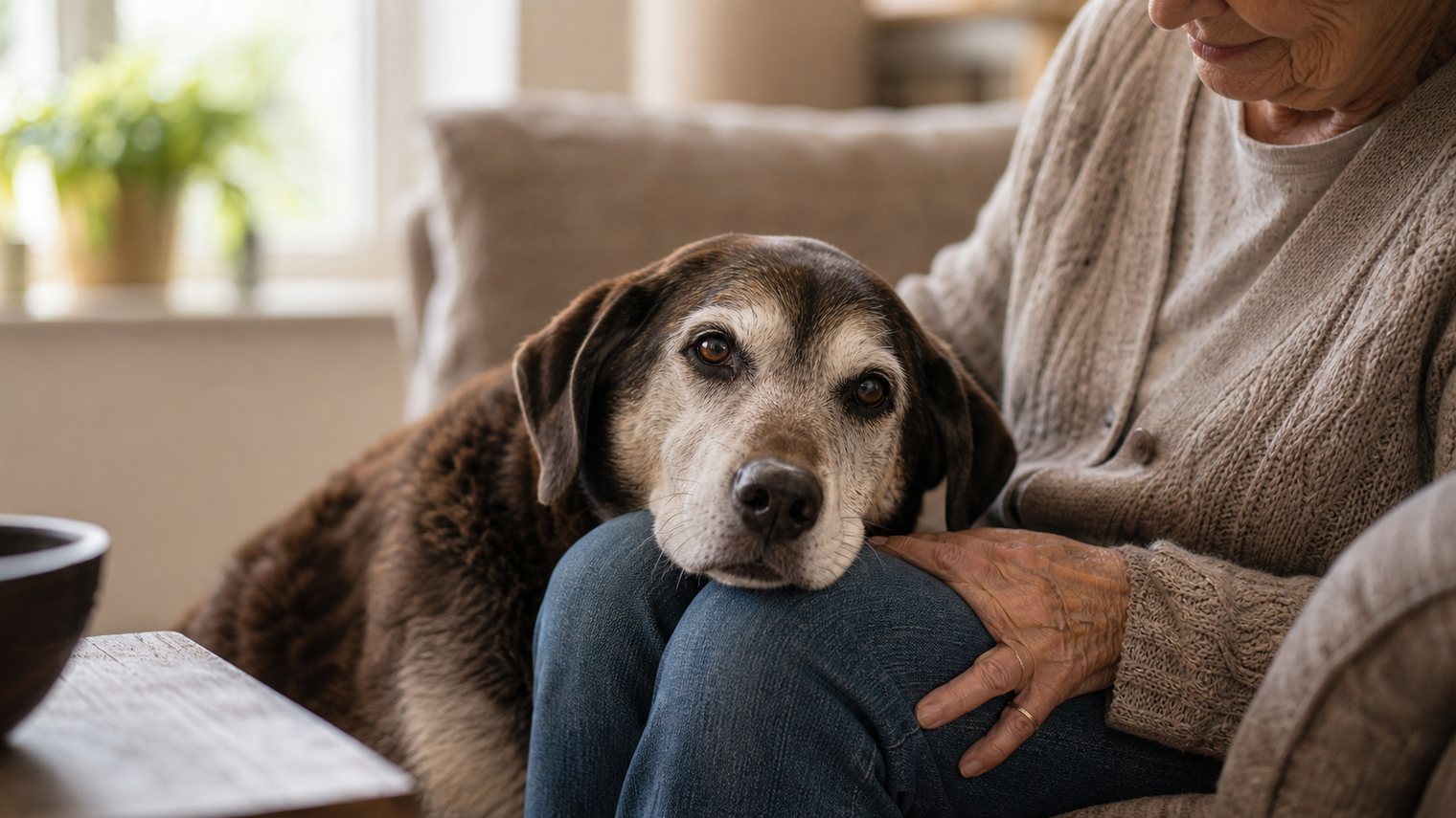 A senior dog with a gray muzzle resting its head on an older adopter's knee
